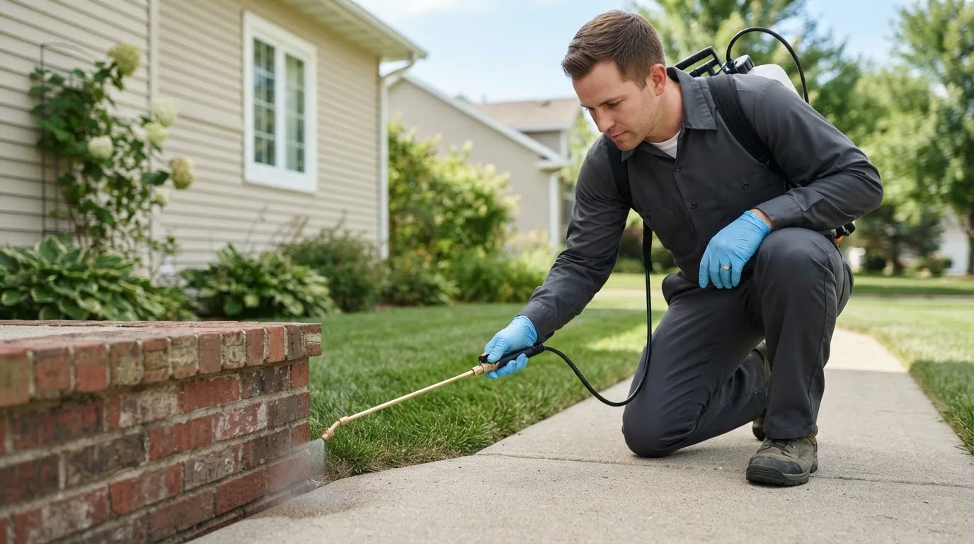 Pest control technician treating a home near Crescent, IA