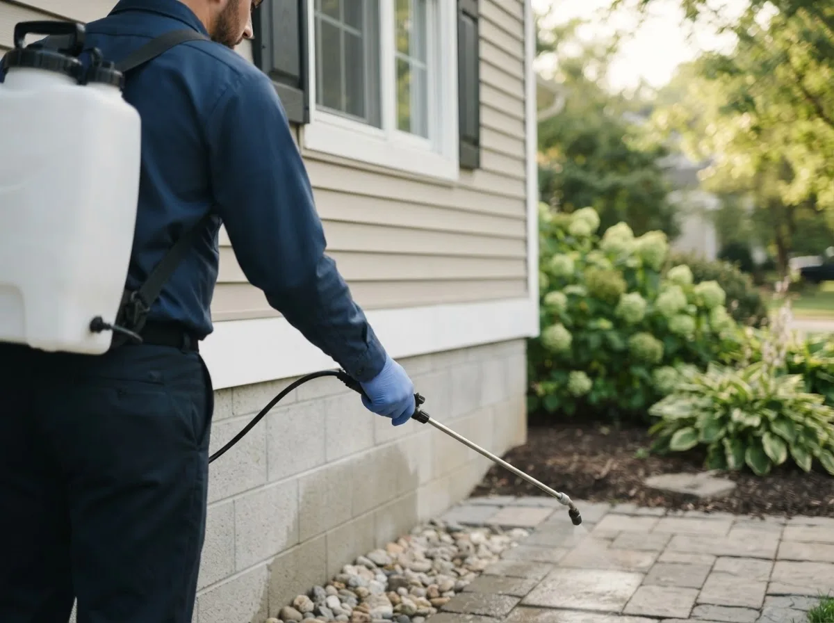 Pest control technician inspecting a home in Crescent, IA